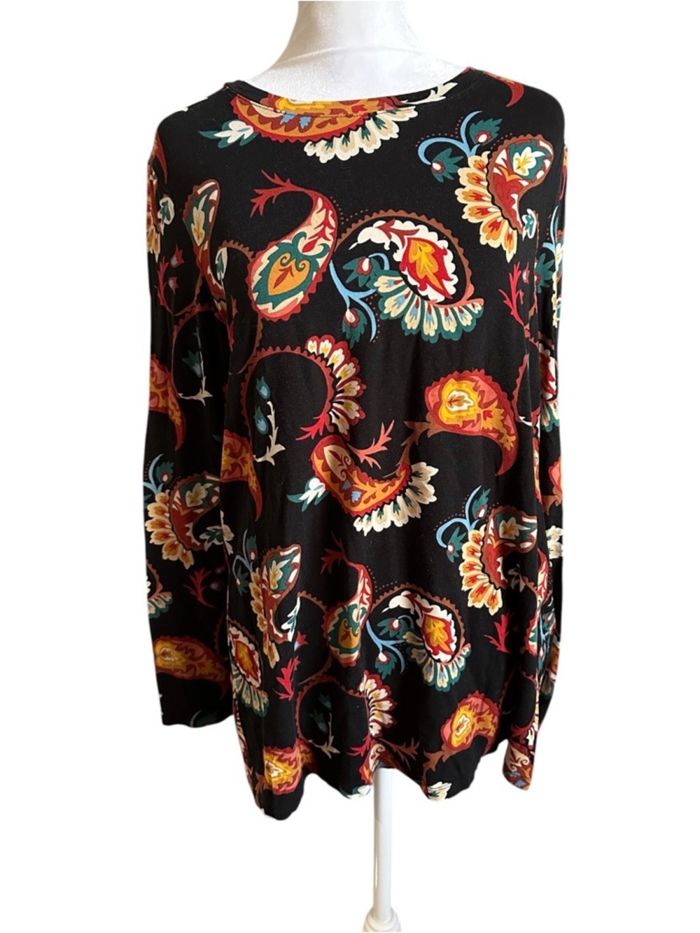 Chico's Black Paisley Floral Top with Red, Teal & Mustard Accents size 2